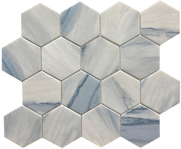 Blue Wave 3" Hex Glass Mosaic Tile 12x10 Sheet 1
