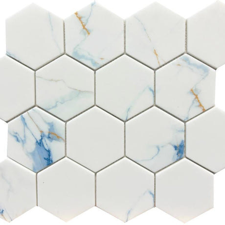Calacatta Blue 3" Hex Glass Mosaic Tile 12x10 Sheet