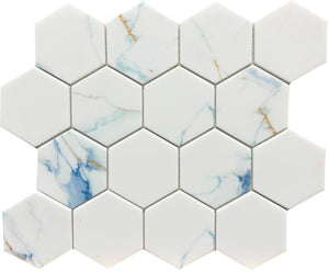 Calacatta Blue 3" Hex Glass Mosaic Tile 12x10 Sheet
