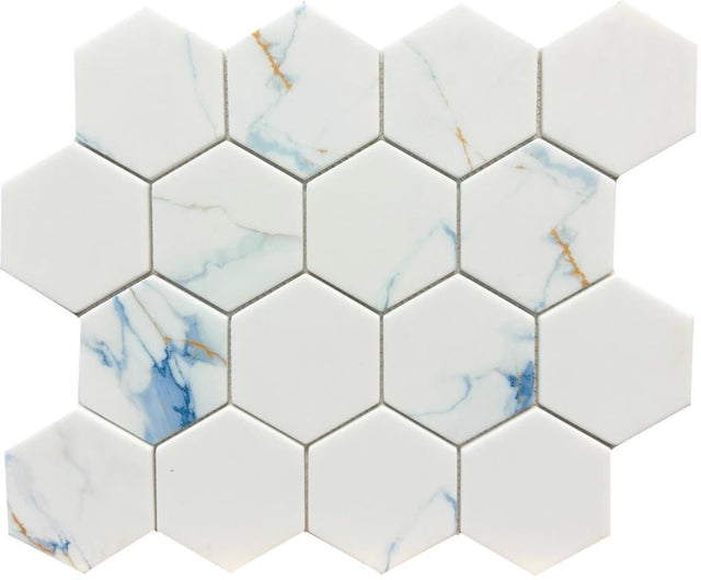 Calacatta Blue 3" Hex Glass Mosaic Tile 12x10 Sheet