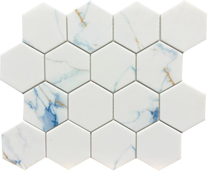 Calacatta Blue 3" Hex Glass Mosaic Tile 12x10 Sheet 1