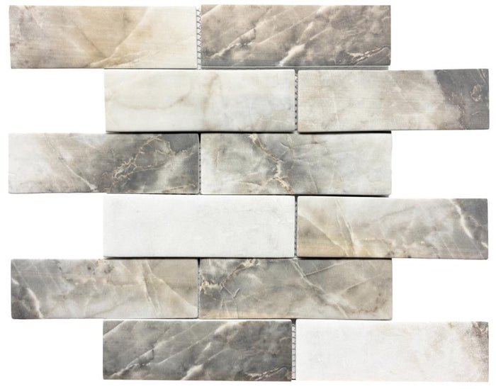 Calacatta Gold 2x6 Glass Mosaic Tile 12x12 Sheet 1