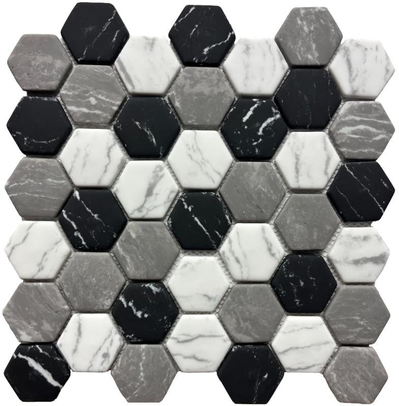 White Black and Grey 2" Hex Glass Mosaic Tile 12x12 Sheet