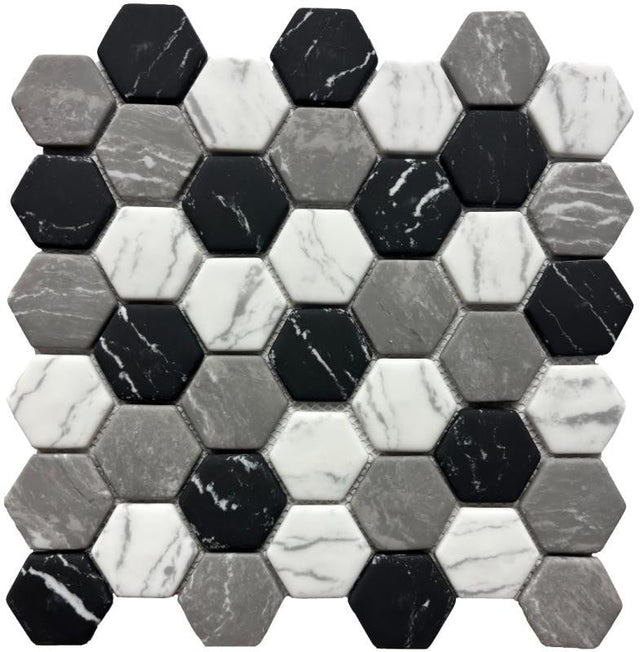 White Black and Grey 2" Hex Glass Mosaic Tile 12x12 Sheet