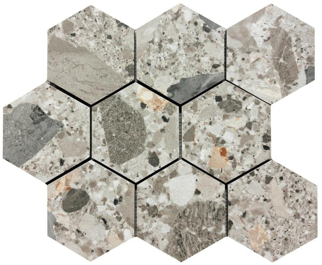 Pietra Di Gre Multi 4" Hex Porcelain Mosaic Tile 11x14