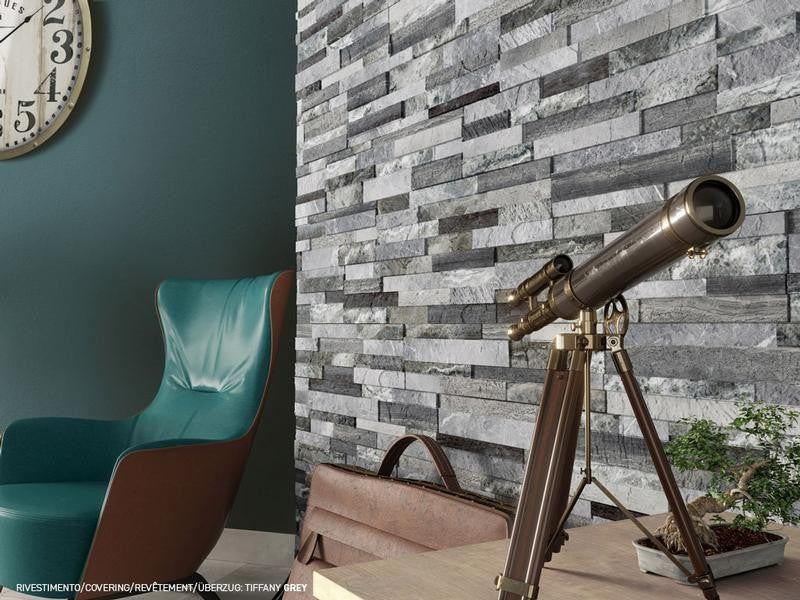 Tiffany 3D Grey Ledger-Look Wall Tile in a sitting room with a teal chair