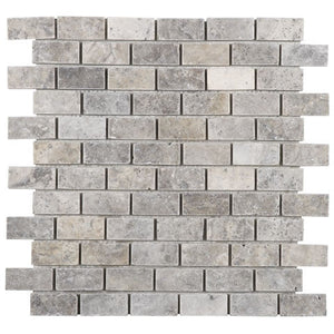 Silver Travertine 1x2 Brick Mosaic Tumbled Tile 12x12 Sheet