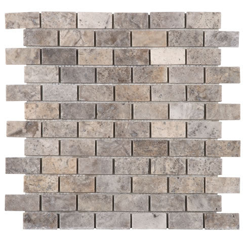 Silver Travertine 1x2 Brick Mosaic Tumbled Tile 12x12 Sheet