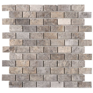 Silver Travertine 1x2 Brick Mosaic Tumbled Tile 12x12 Sheet