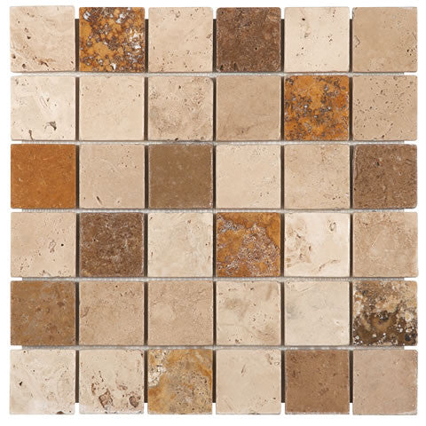 Classic Gold and Noce Travertine 2x2 Tumbled Mosaic Tile 12x12