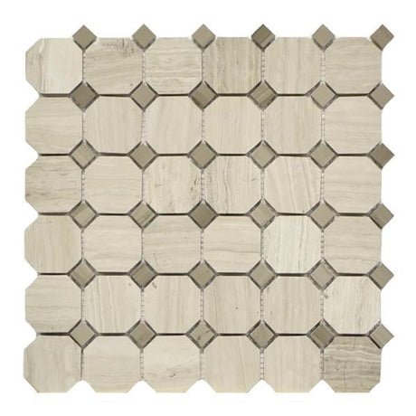 Wooden White Octagon with Dot Polished Marble Mosaic Tile 12x12