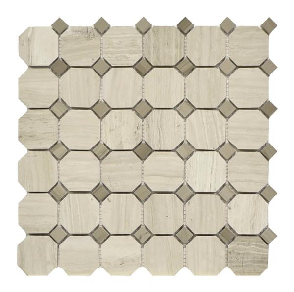Wooden White Octagon with Dot Polished Marble Mosaic Tile 12x12 1