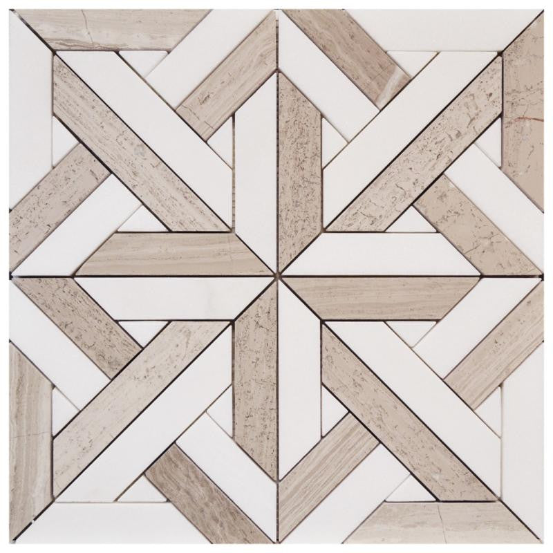 Wooden White and Thassos Cross Polished Marble Mosaic Tile 12x12