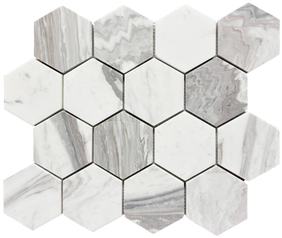 Skyscape White 3" Hex Marble Mosaic Tile 12x10 Sheet
