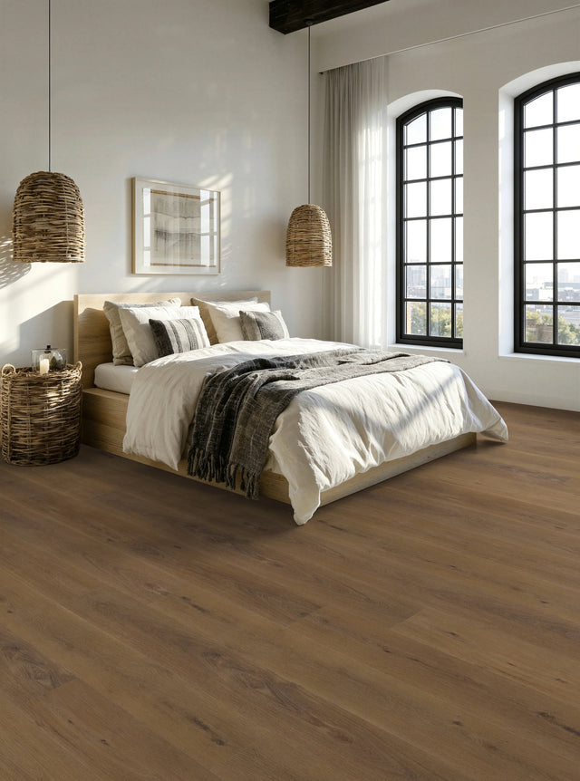 Extra-wide vinyl plank flooring in a bedroom with morning light across the planks