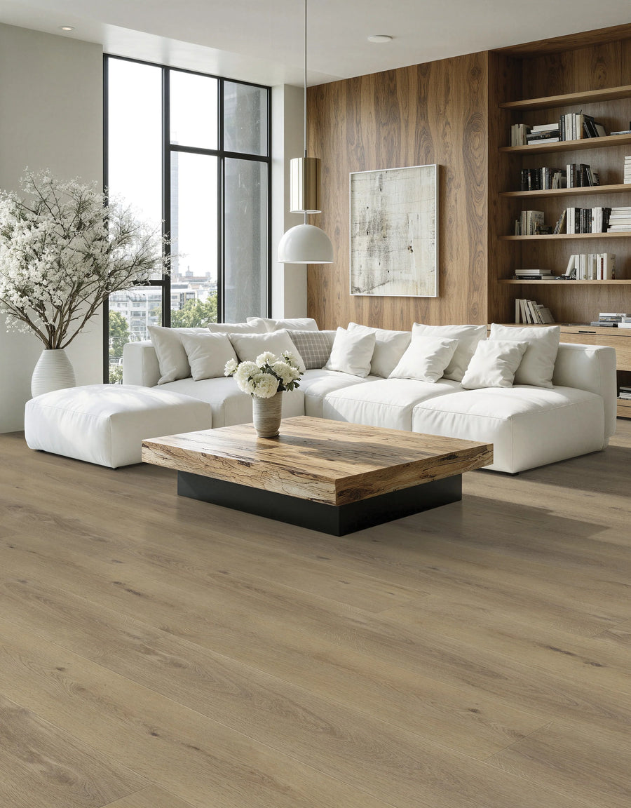 Wide grey-brown vinyl plank flooring running through a bright open living room