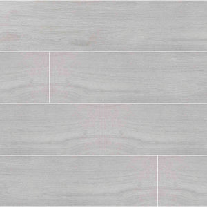 Walkyria Pearl 8x48 grey-washed wood look porcelain plank tile, close up of the wood grain