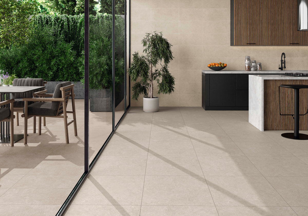 Beige Porcelain Floor Tile in a modern kitchen and outdoor space