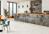 Modern cafe interior with Spanish Soft White Porcelain tiles