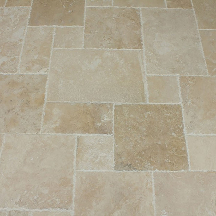Antique Pattern Travertine Flooring Tiles — Denizli Beige Standard / Brushed, Chiseled, and Partially Filled