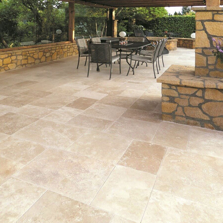 Antique Pattern Travertine Flooring Tiles — Denizli Beige Standard / Brushed, Chiseled, and Partially Filled