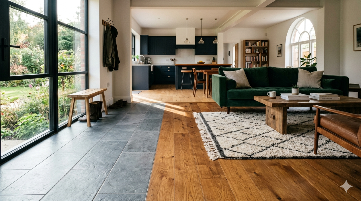 Open plan home design transition flooring slate tile to hardwood