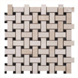 Vanilla beige marble toros black dotted mosaic tile basketweave on 12x12 mesh honed top product shot