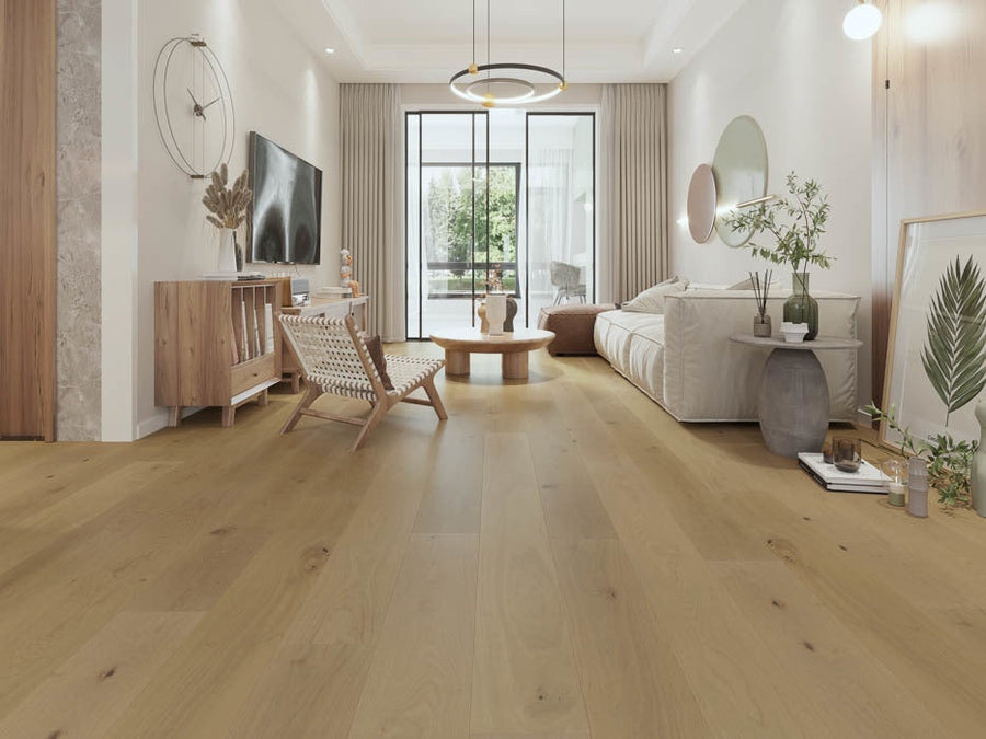 Grand Width 9.5-inch white oak engineered hardwood flooring in Sterling