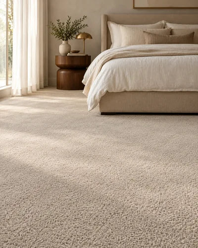 Inviting bedroom with soft taupe wall-to-wall carpet