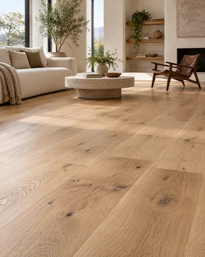 Sunlit living room with natural oak hardwood flooring