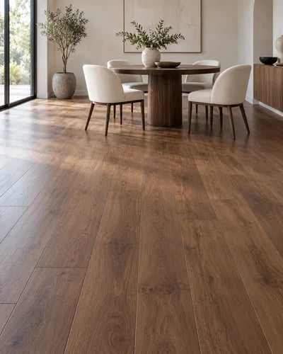 Warm dining room with walnut-look laminate flooring
