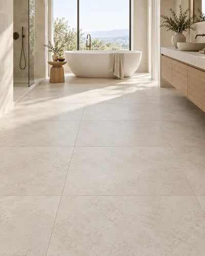 Serene bathroom with large limestone-look porcelain floor tiles