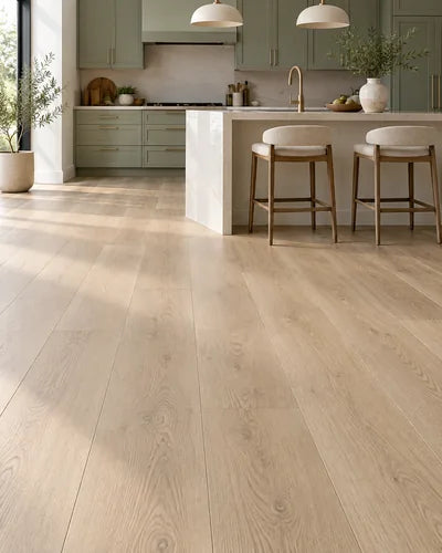 Modern sage kitchen with light oak-look luxury vinyl flooring